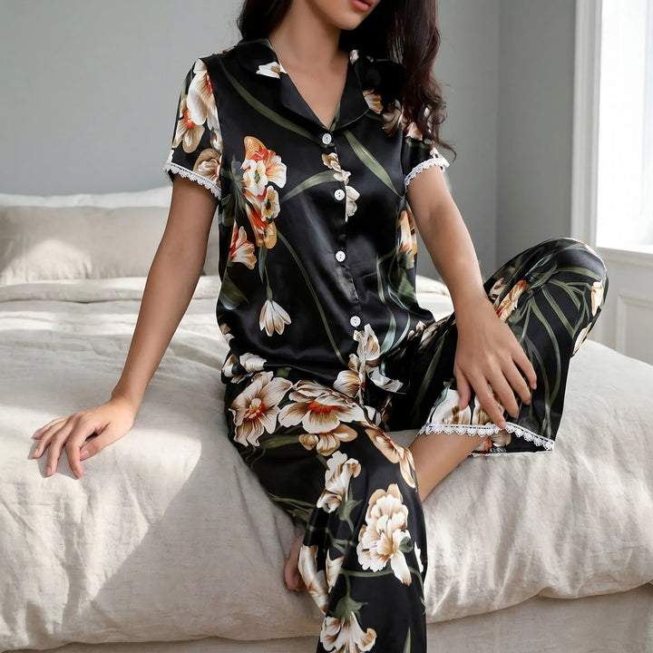 Lace Trim Pyjamas for Women — Poppy, Black Floral