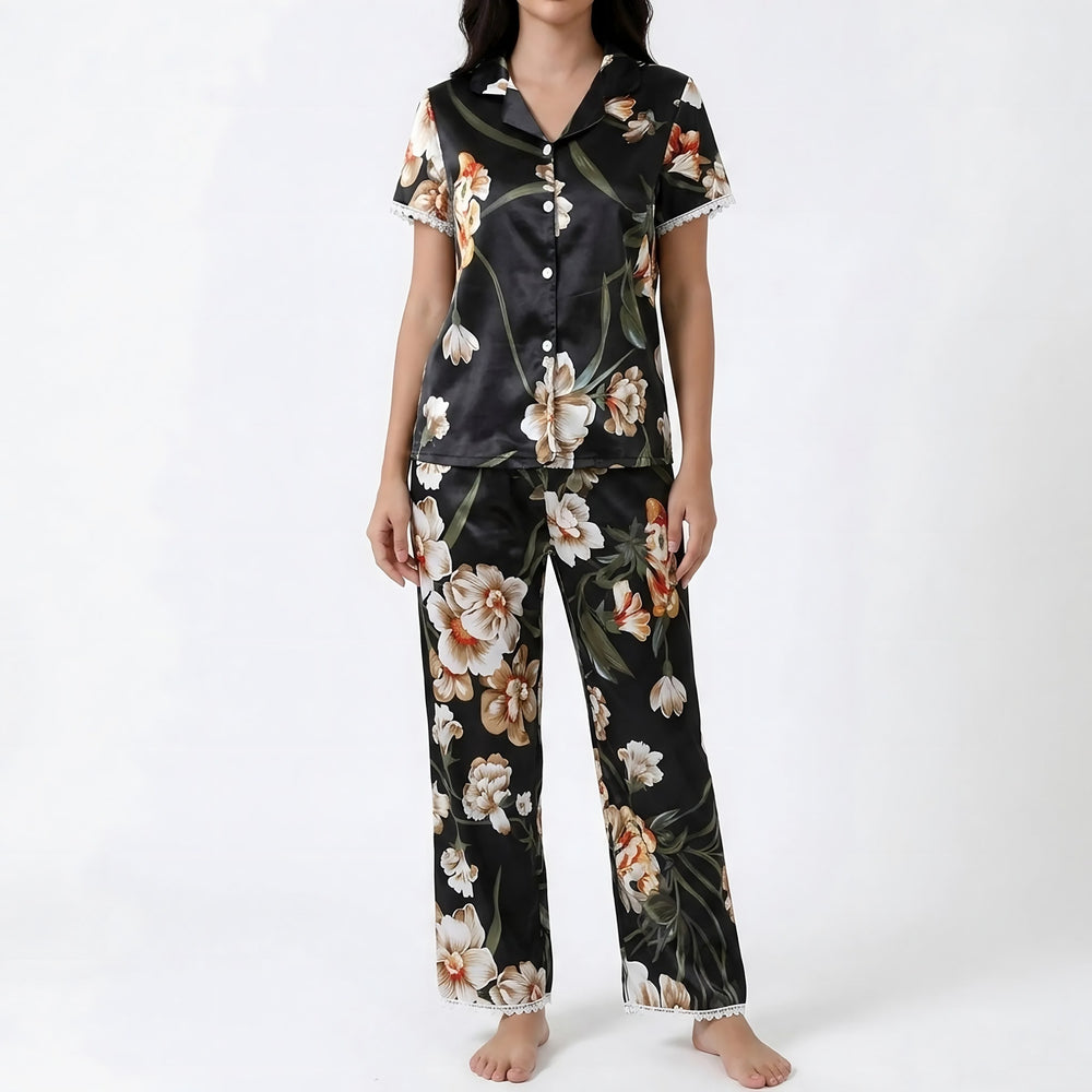 Lace Trim Pyjamas for Women — Poppy, Black Floral
