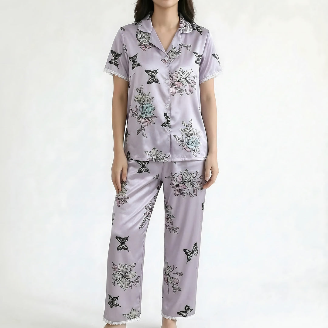 Lace Trim Pyjamas for Women — Poppy, Lilac Butterfly