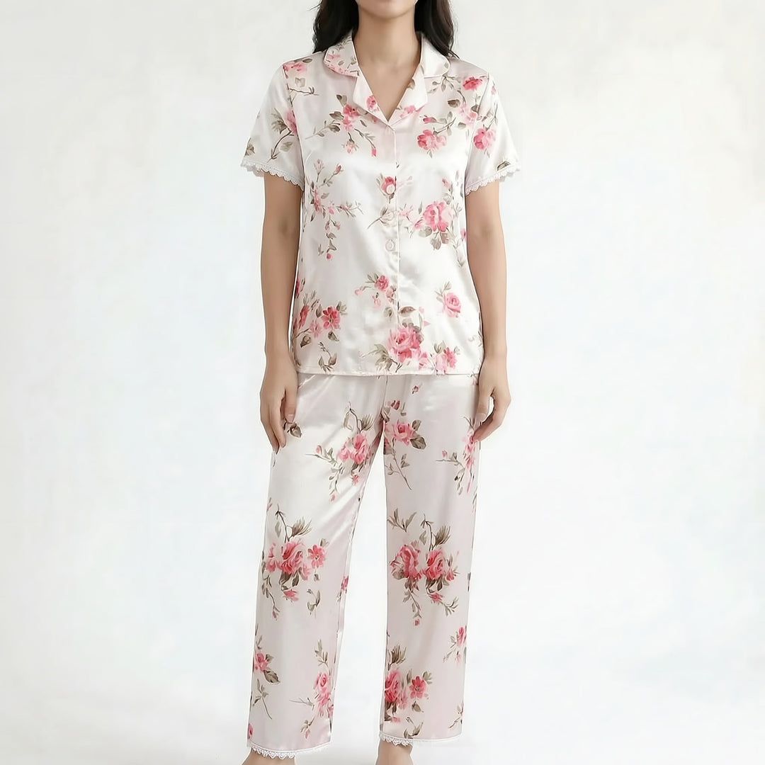 Lace Trim Pyjamas for Women — Poppy, Cream Floral