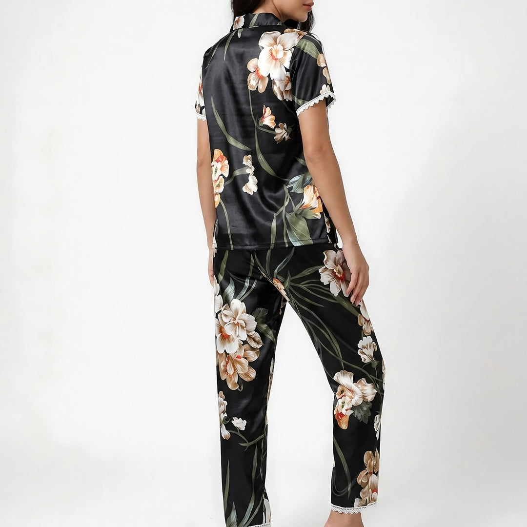 Lace Trim Pyjamas for Women — Poppy, Black Floral