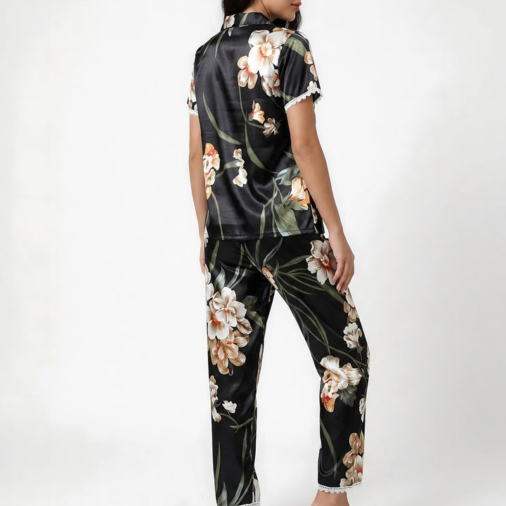 Lace Trim Pyjamas for Women — Poppy, Black Floral