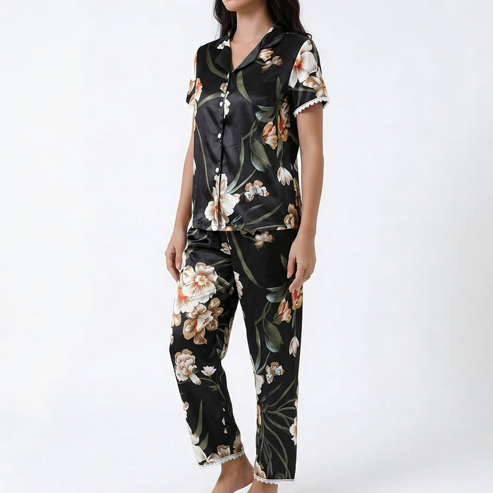 Lace Trim Pyjamas for Women — Poppy, Black Floral