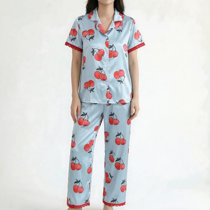 Lace Trim Pyjamas for Women — Poppy, Light Blue Cherry