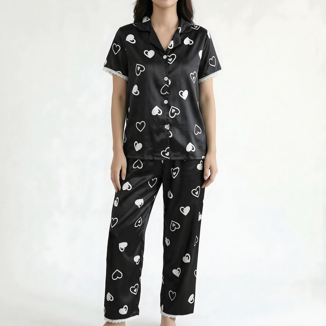 Lace Trim Pyjamas for Women — Poppy, Black Heart