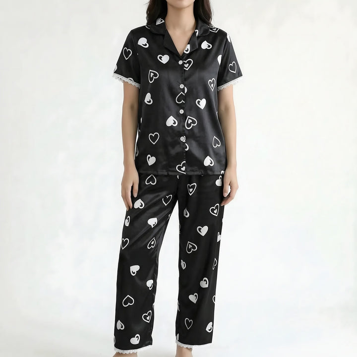 Lace Trim Pyjamas for Women — Poppy, Black Heart