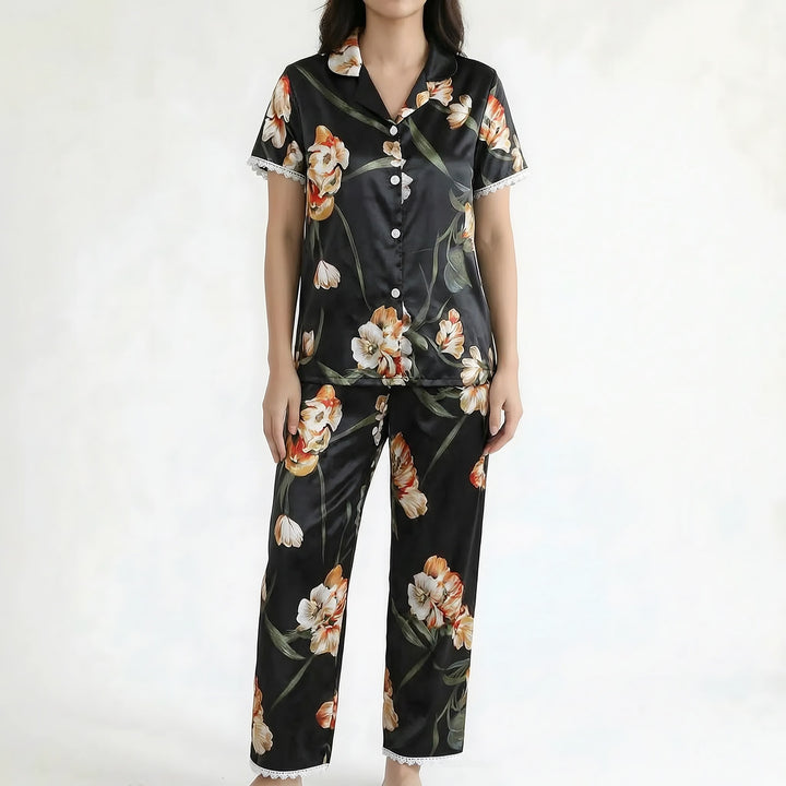 Lace Trim Pyjamas for Women — Poppy, Black Floral