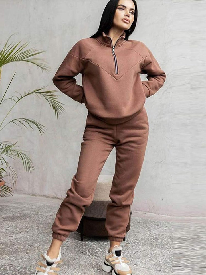 Zip Neck Tracksuit Set — Prudence, Brown