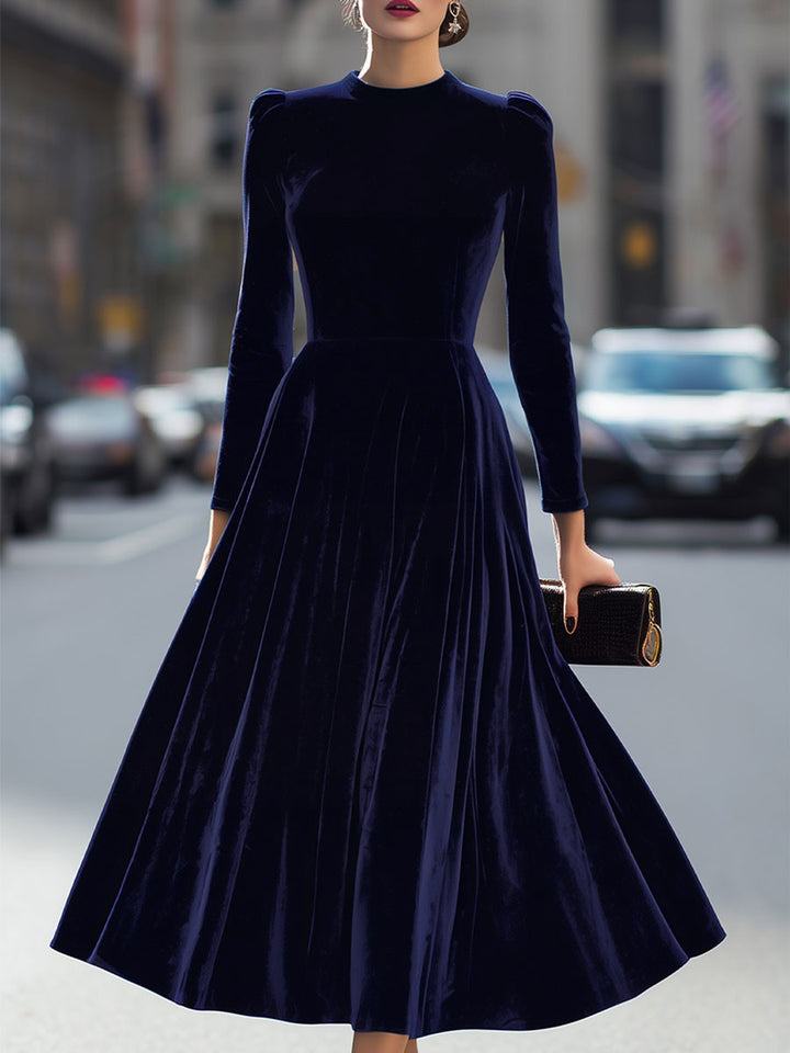 Sidony — Velvet Long Sleeve Midi Dress for Women, Moraine Fashion