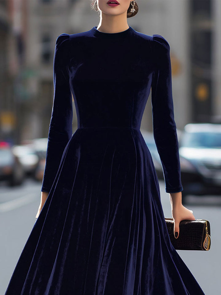 Sidony — Velvet Long Sleeve Midi Dress for Women, Moraine Fashion
