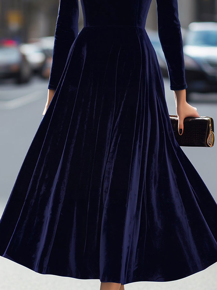 Sidony — Velvet Long Sleeve Midi Dress for Women, Moraine Fashion