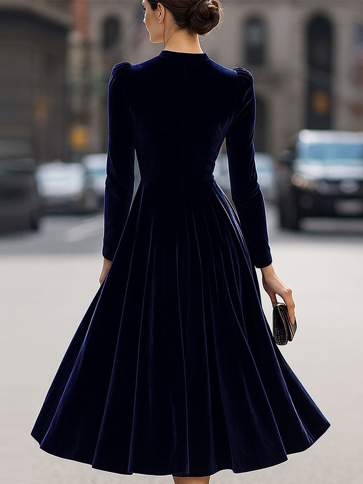 Sidony — Velvet Long Sleeve Midi Dress for Women, Moraine Fashion