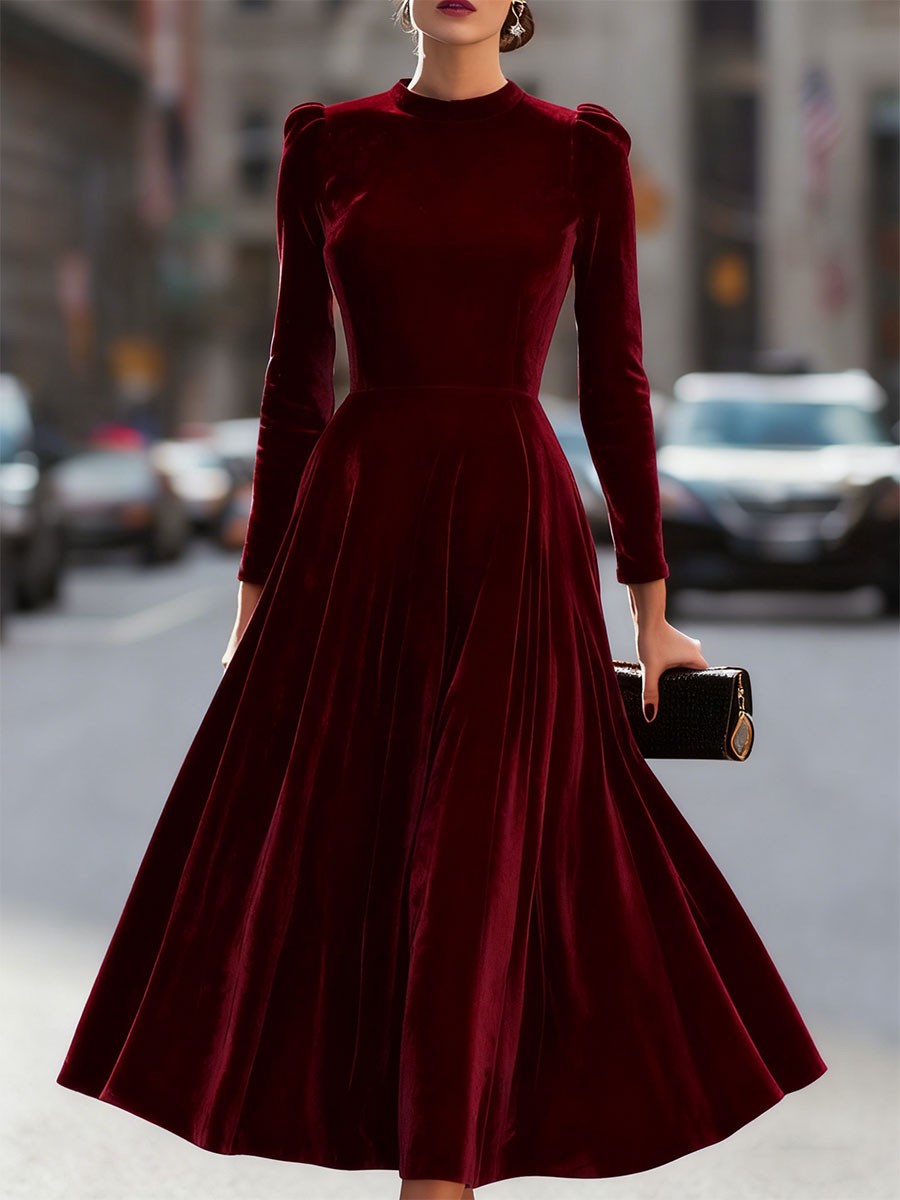Sidony — Velvet Long Sleeve Midi Dress for Women, Moraine Fashion