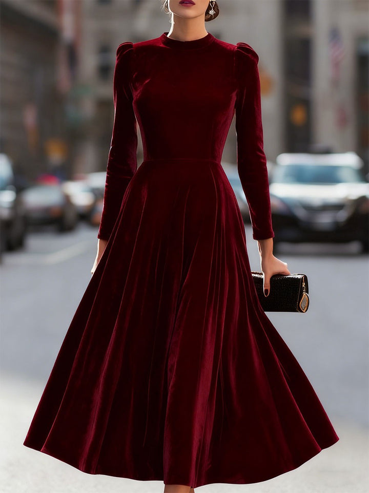 Sidony — Velvet Long Sleeve Midi Dress for Women, Moraine Fashion