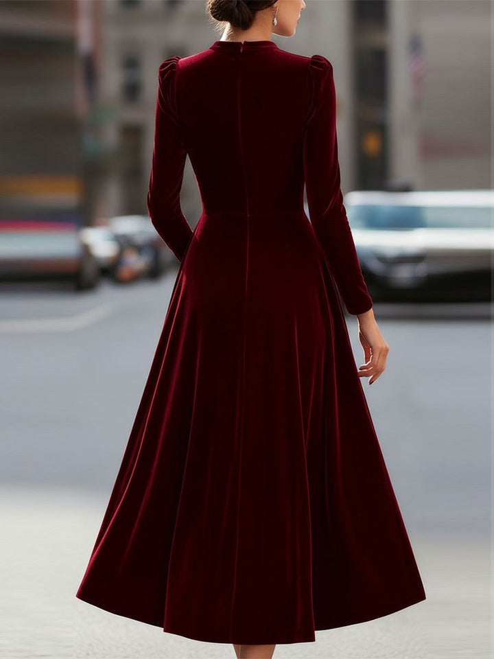 Sidony — Velvet Long Sleeve Midi Dress for Women, Moraine Fashion
