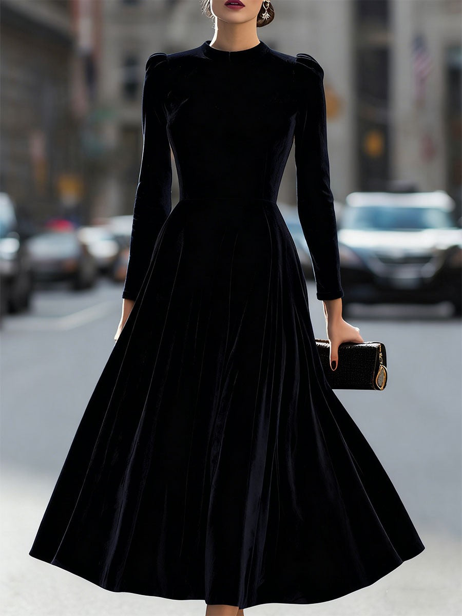 Sidony — Velvet Long Sleeve Midi Dress for Women, Moraine Fashion