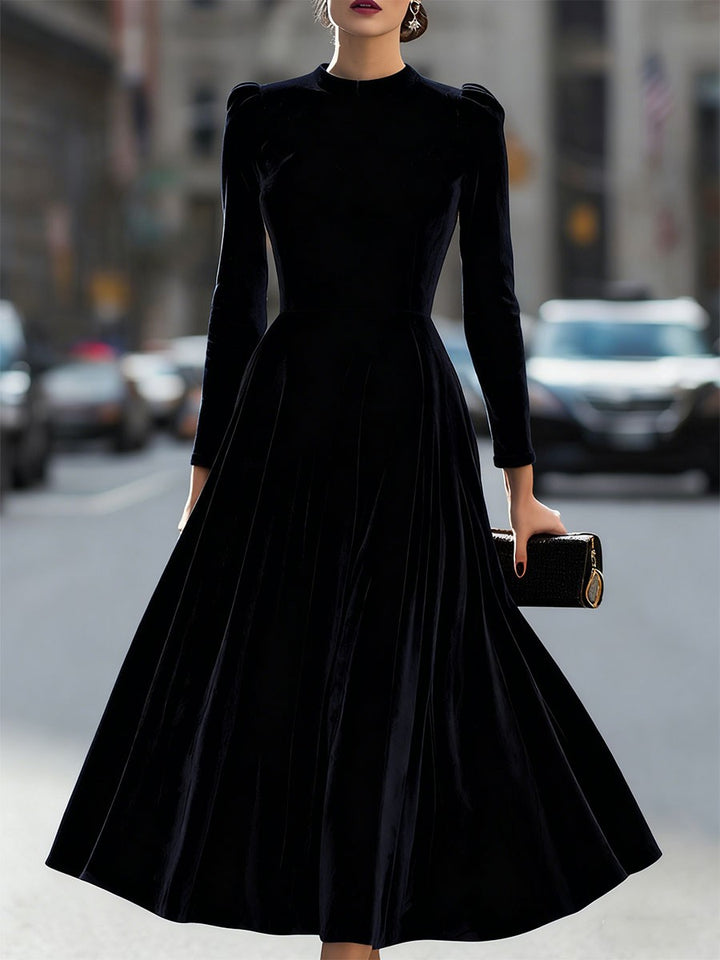 Sidony — Velvet Long Sleeve Midi Dress for Women, Moraine Fashion