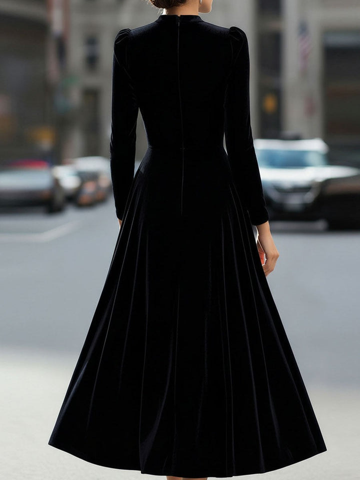 Sidony — Velvet Long Sleeve Midi Dress for Women, Moraine Fashion