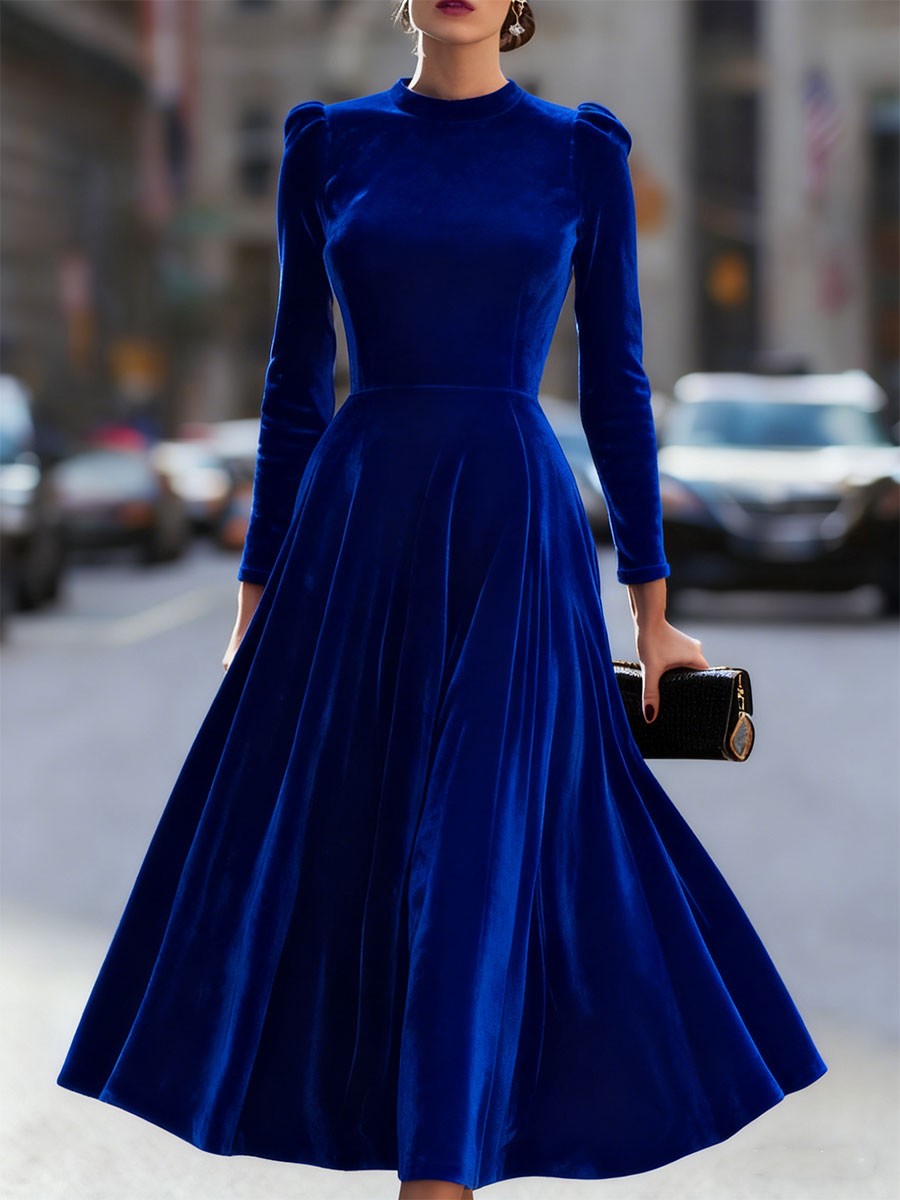 Sidony — Velvet Long Sleeve Midi Dress for Women, Moraine Fashion