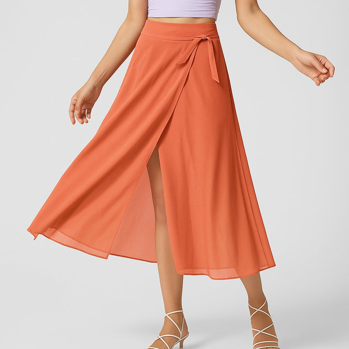 Wrap Front Midi Skirt with Side Split in orange