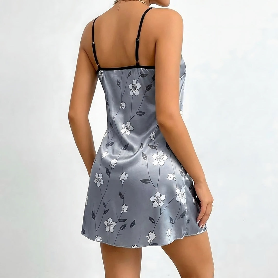 Satin Nightie for Women — Sophie, Grey Blossom