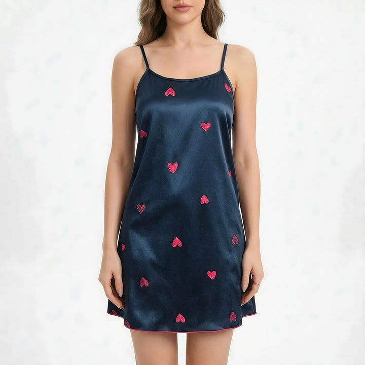 Satin Nightie for Women — Sophie, Navy Heart