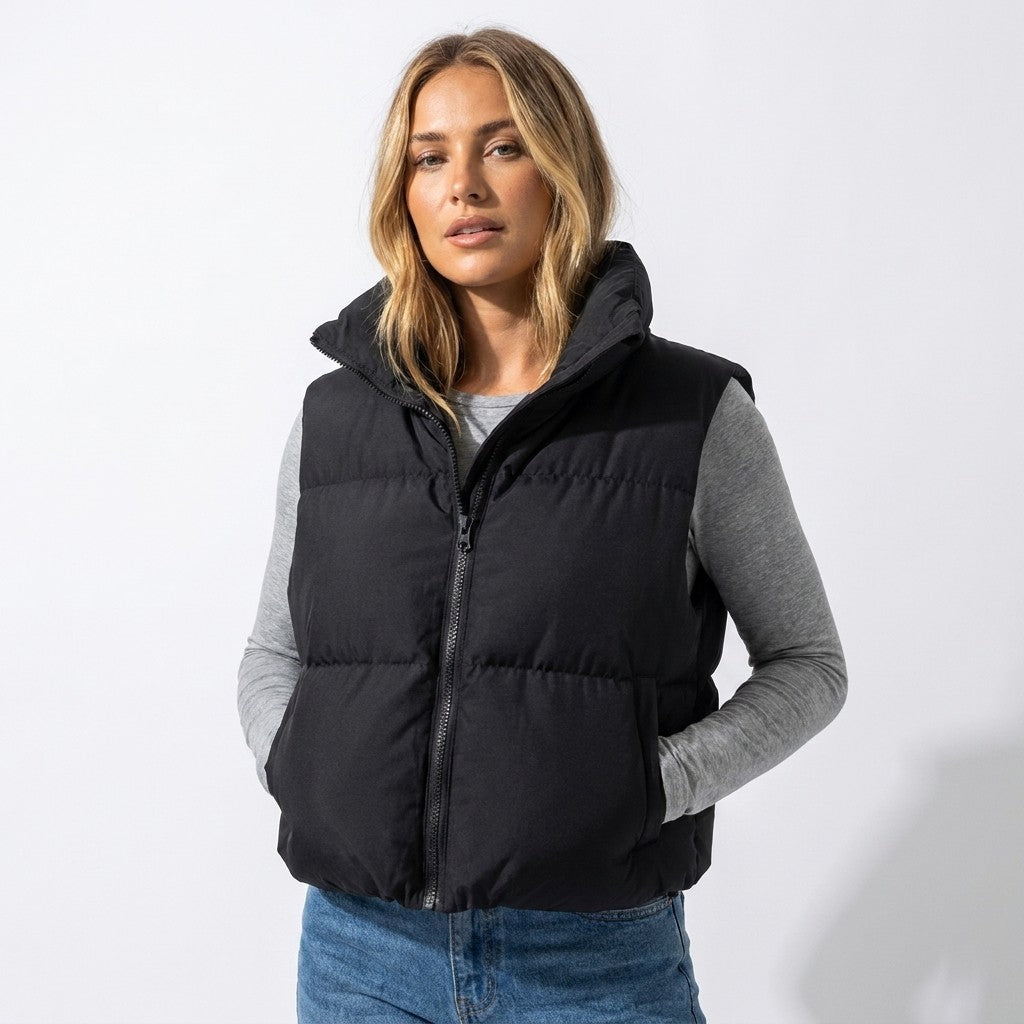 Cropped Padded Gilet with Stand Collar for Women — Tegeirian, image 2