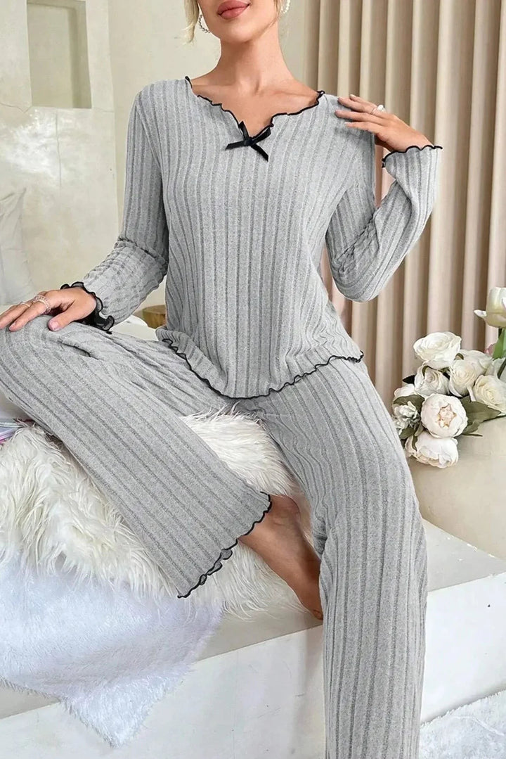 Ribbed Knit Pyjamas with Lettuce Edge in grey