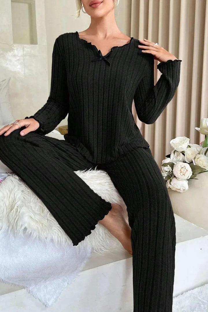 Ribbed Knit Pyjamas with Lettuce Edge in black