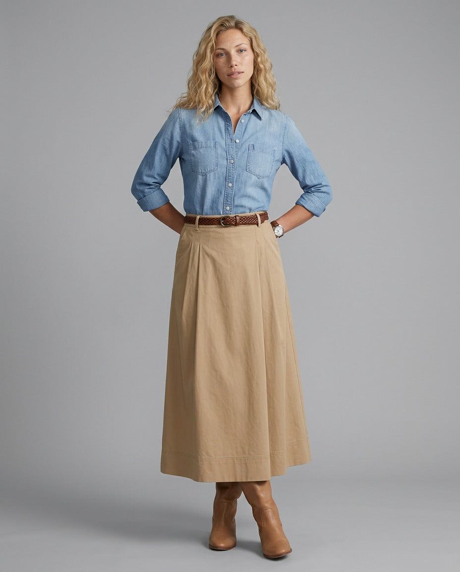 A Line Maxi Skirt with High Waist and Buttons in khaki
