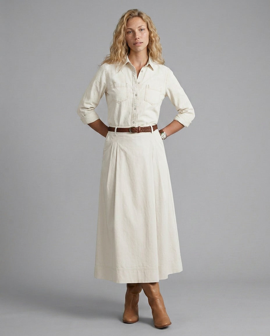 A Line Maxi Skirt with High Waist and Buttons in off-white