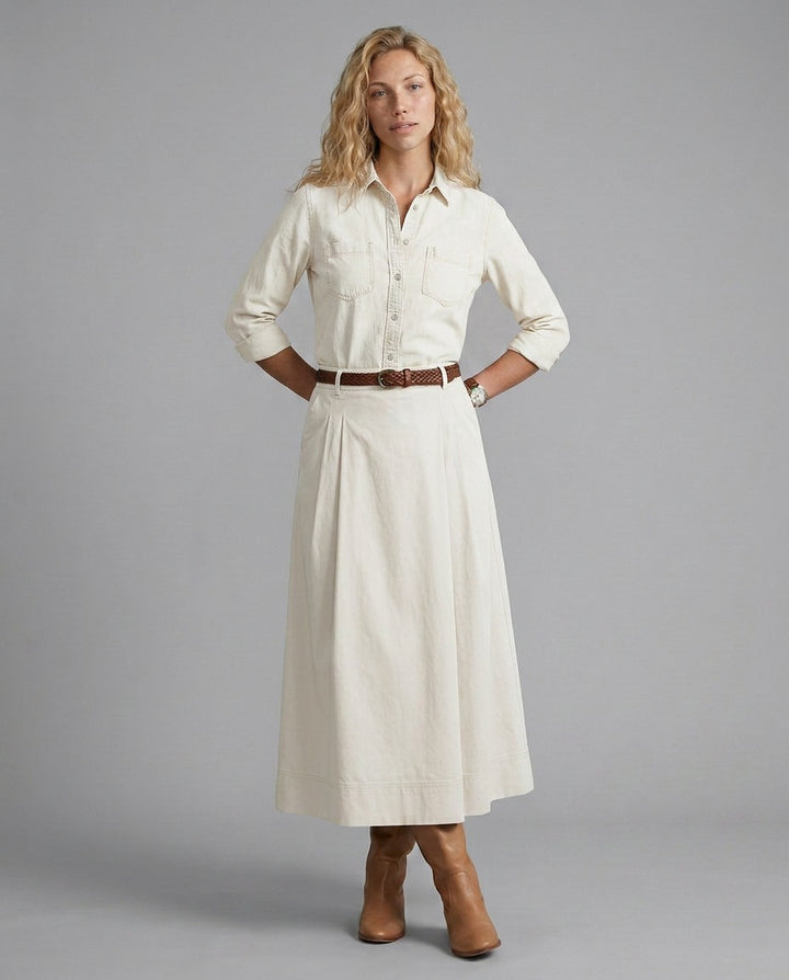 A Line Maxi Skirt with High Waist and Buttons in off-white