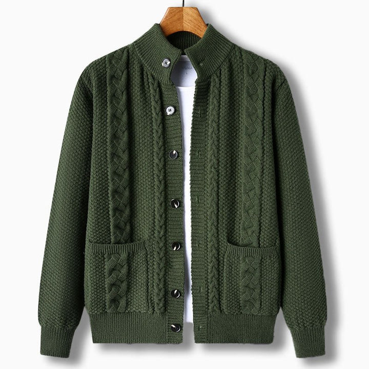 Tristan – Chunky Cable Knit Cardigan for Men with High Collar
