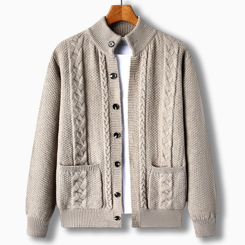 Tristan – Chunky Cable Knit Cardigan for Men with High Collar