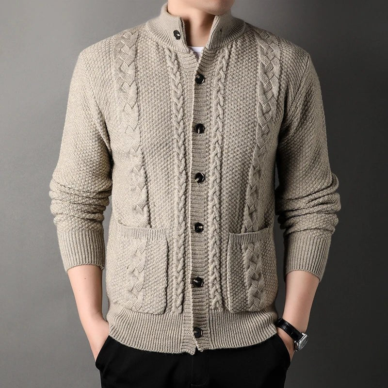 Tristan – Chunky Cable Knit Cardigan for Men with High Collar