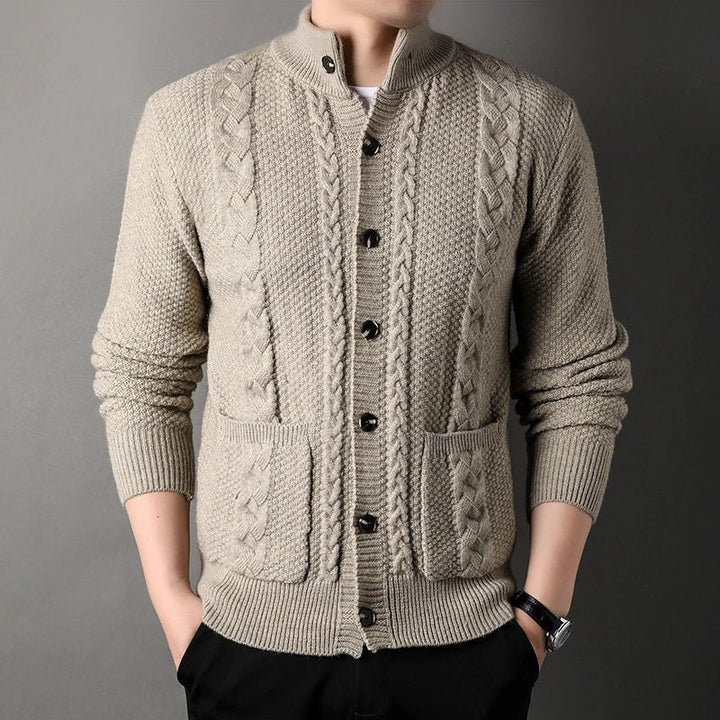 Tristan – Chunky Cable Knit Cardigan for Men with High Collar