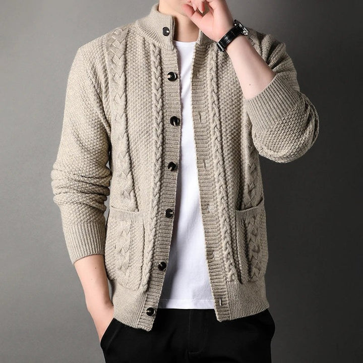 Tristan – Chunky Cable Knit Cardigan for Men with High Collar