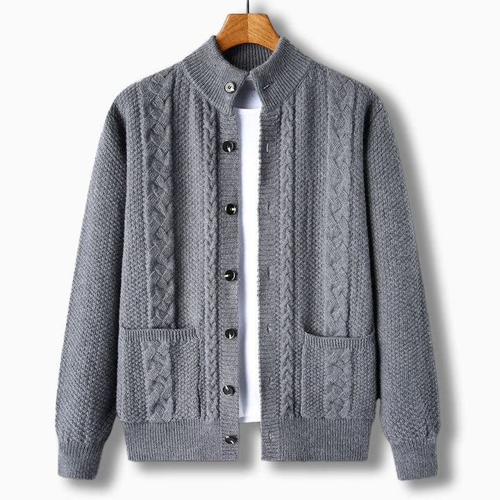 Tristan – Chunky Cable Knit Cardigan for Men with High Collar