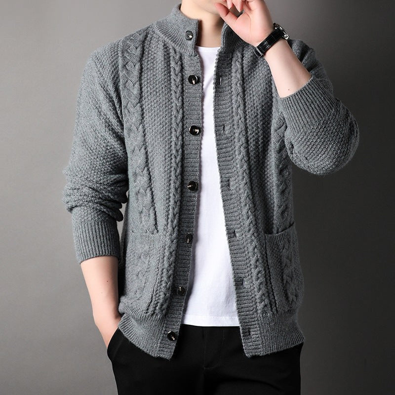 Tristan – Chunky Cable Knit Cardigan for Men with High Collar