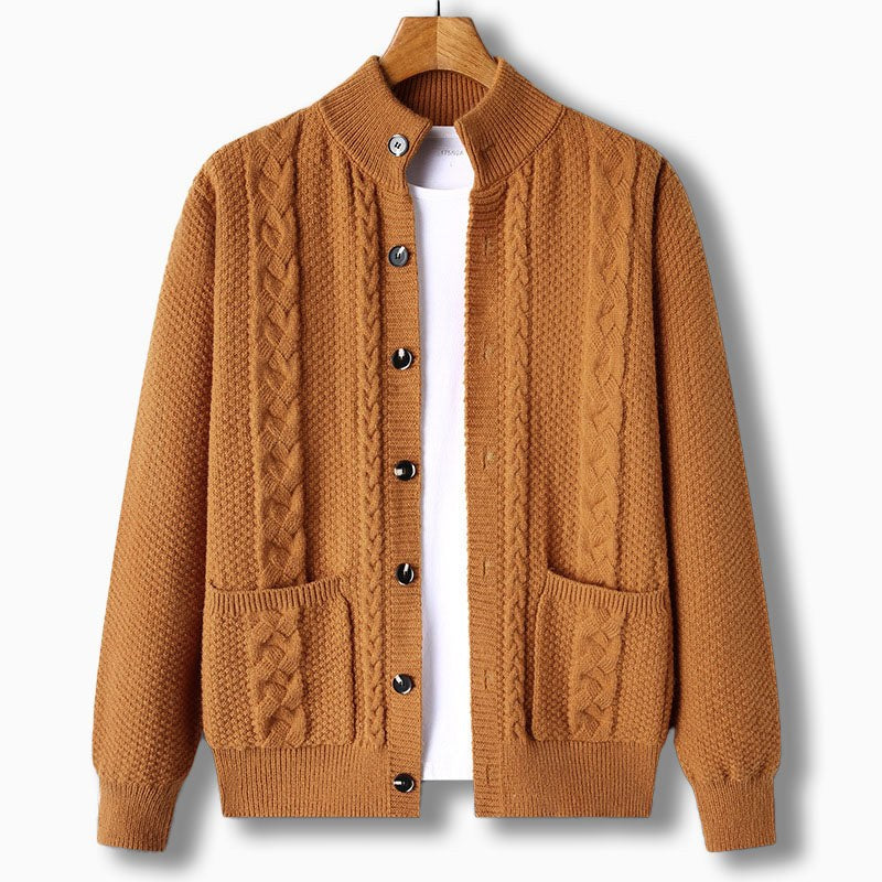 Tristan – Chunky Cable Knit Cardigan for Men with High Collar