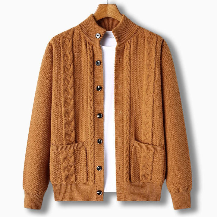 Tristan – Chunky Cable Knit Cardigan for Men with High Collar