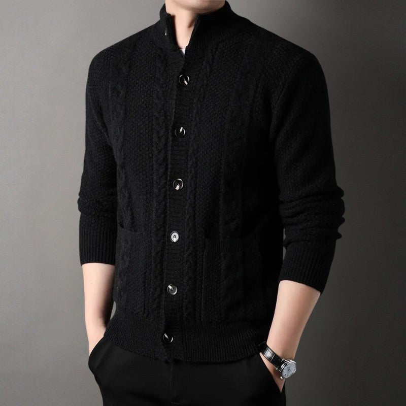 Tristan – Chunky Cable Knit Cardigan for Men with High Collar