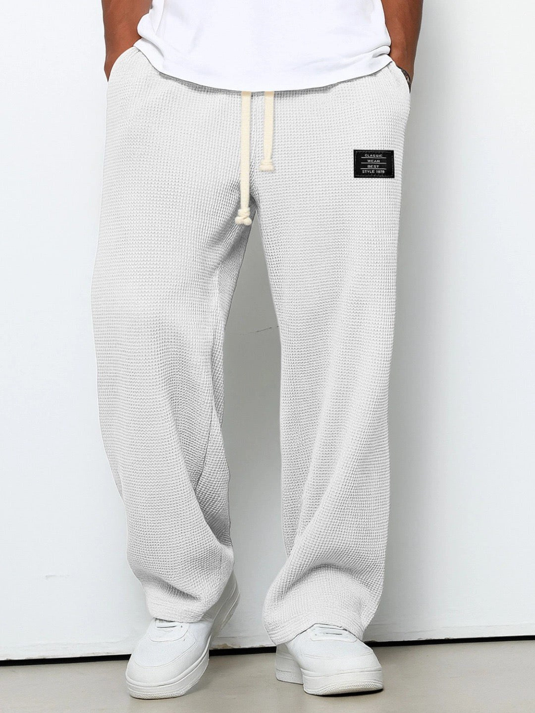 Wide Leg Joggers with Adjustable Waist — Victor, White