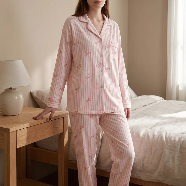 Long Sleeve Pyjamas for Women — Violet, Pink Bow Stripe