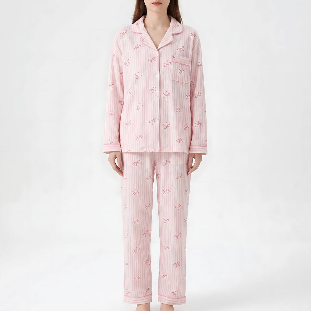 Long Sleeve Pyjamas for Women — Violet, Pink Bow Stripe