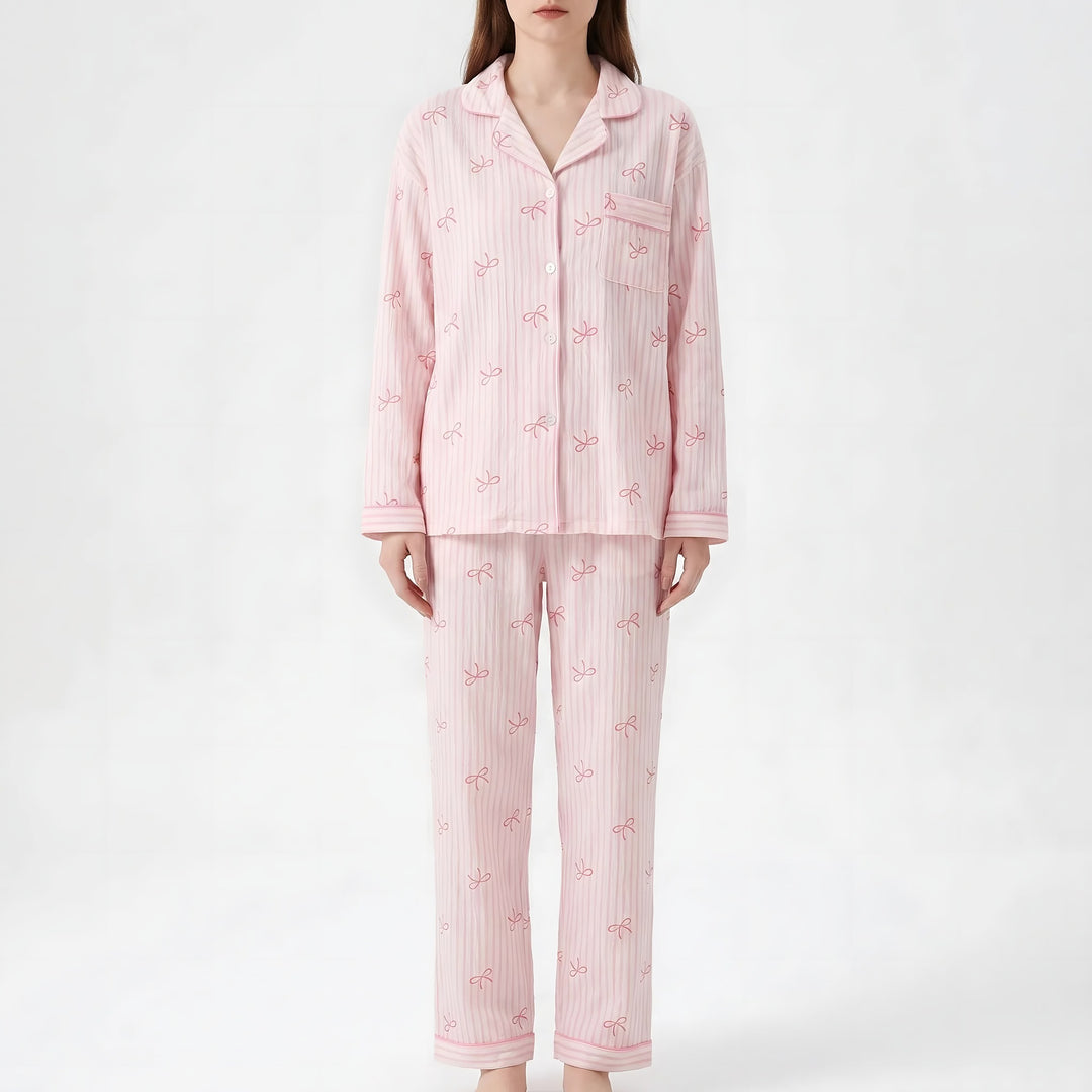 Long Sleeve Pyjamas for Women — Violet, Pink Bow Stripe