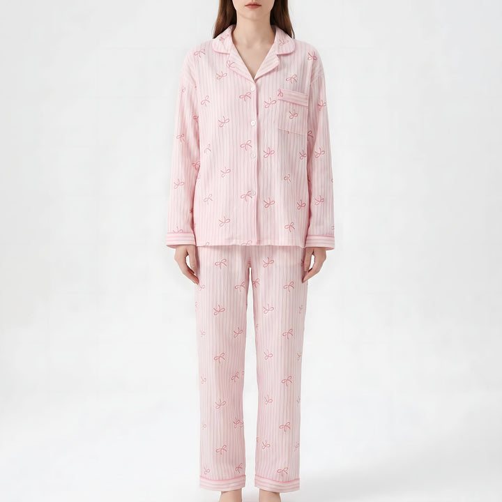 Long Sleeve Pyjamas for Women — Violet, Pink Bow Stripe