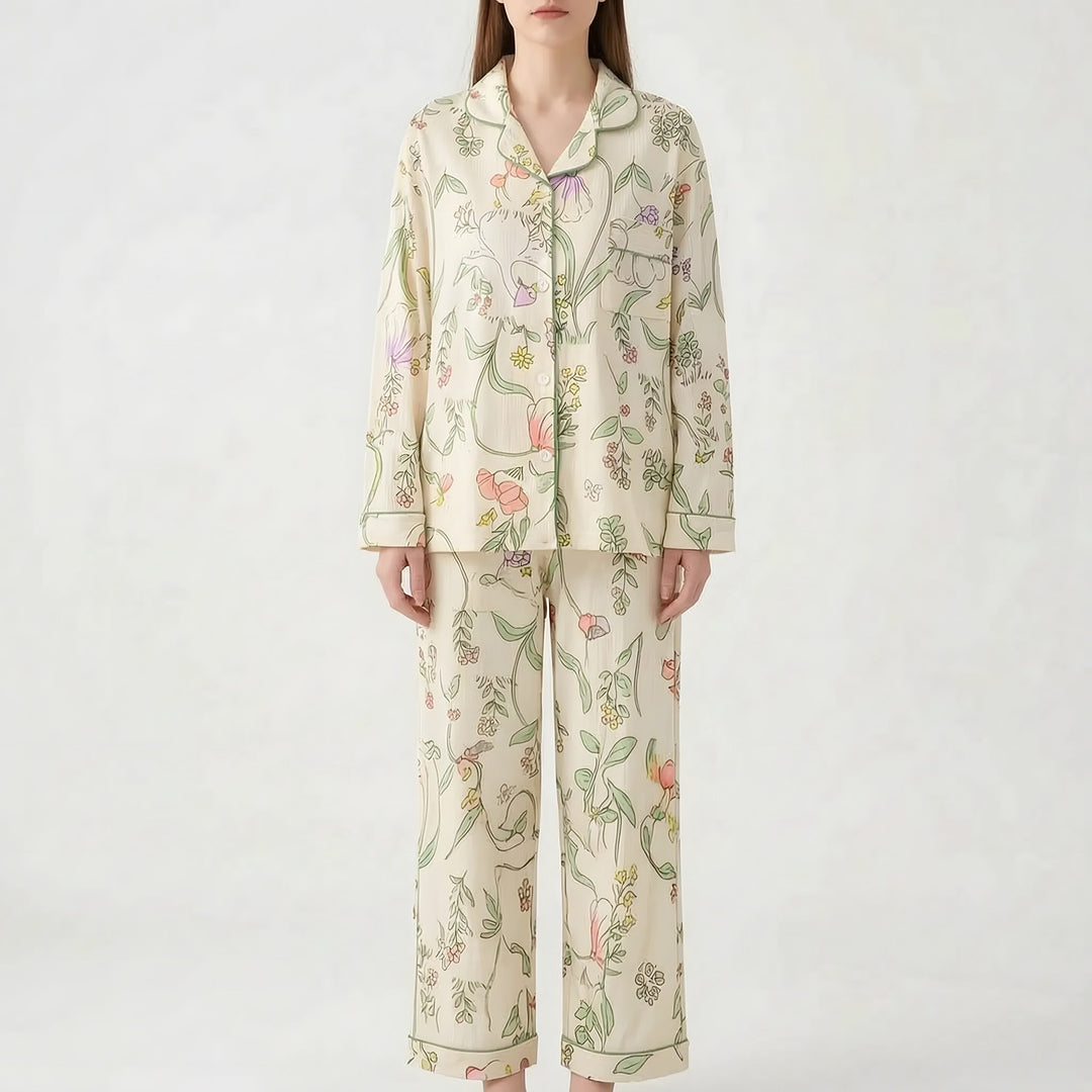 Long Sleeve Pyjamas for Women — Violet, Ivory Green Floral