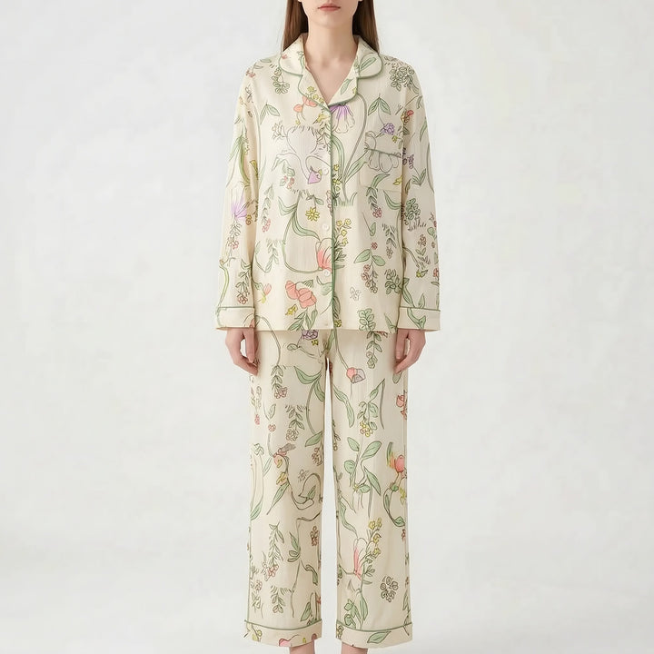 Long Sleeve Pyjamas for Women — Violet, Ivory Green Floral