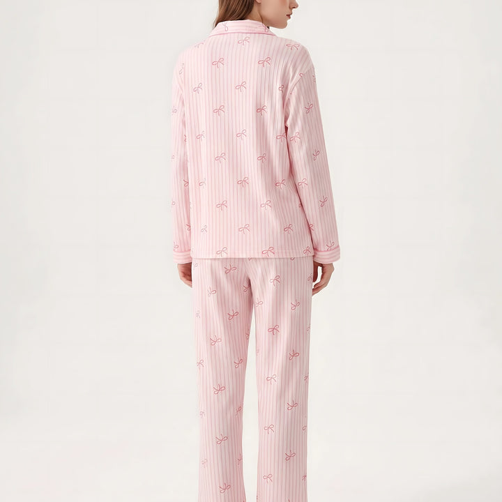Long Sleeve Pyjamas for Women — Violet, Pink Bow Stripe